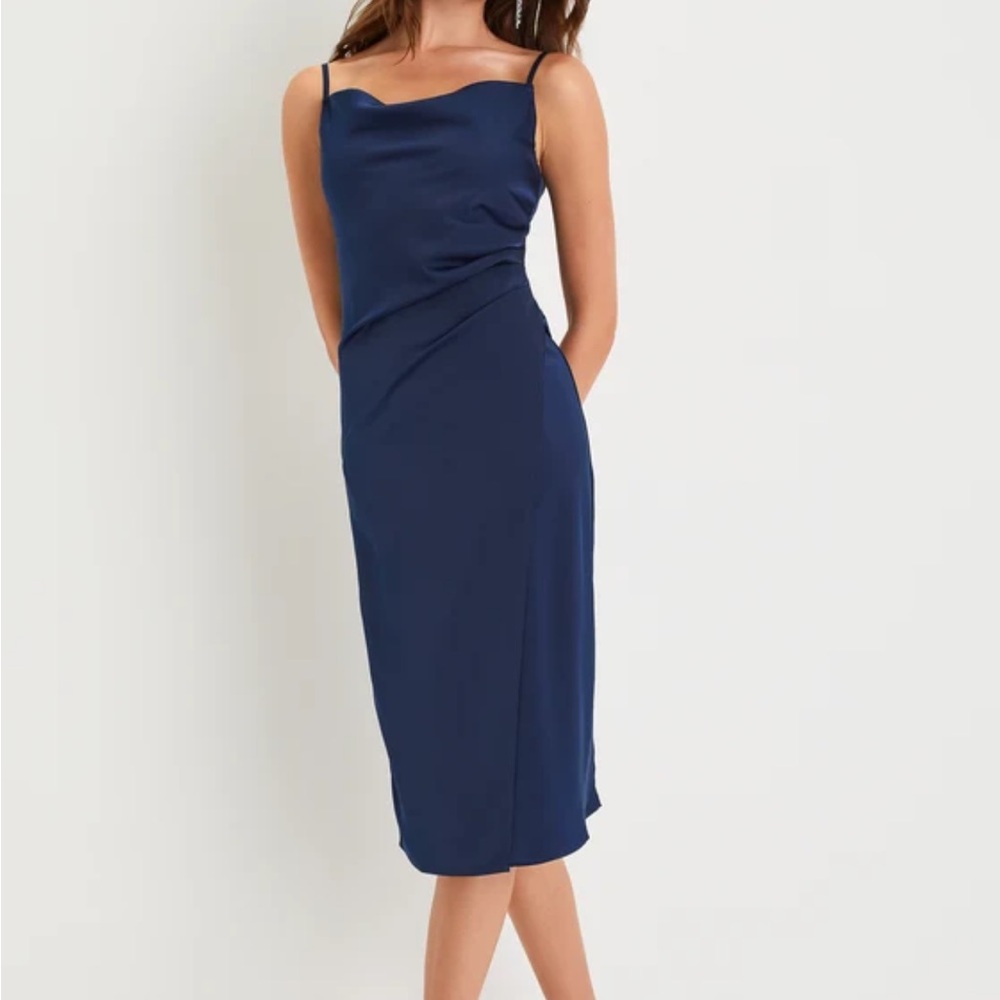 Hollywood Woman Navy Blue Satin Midi Dress
